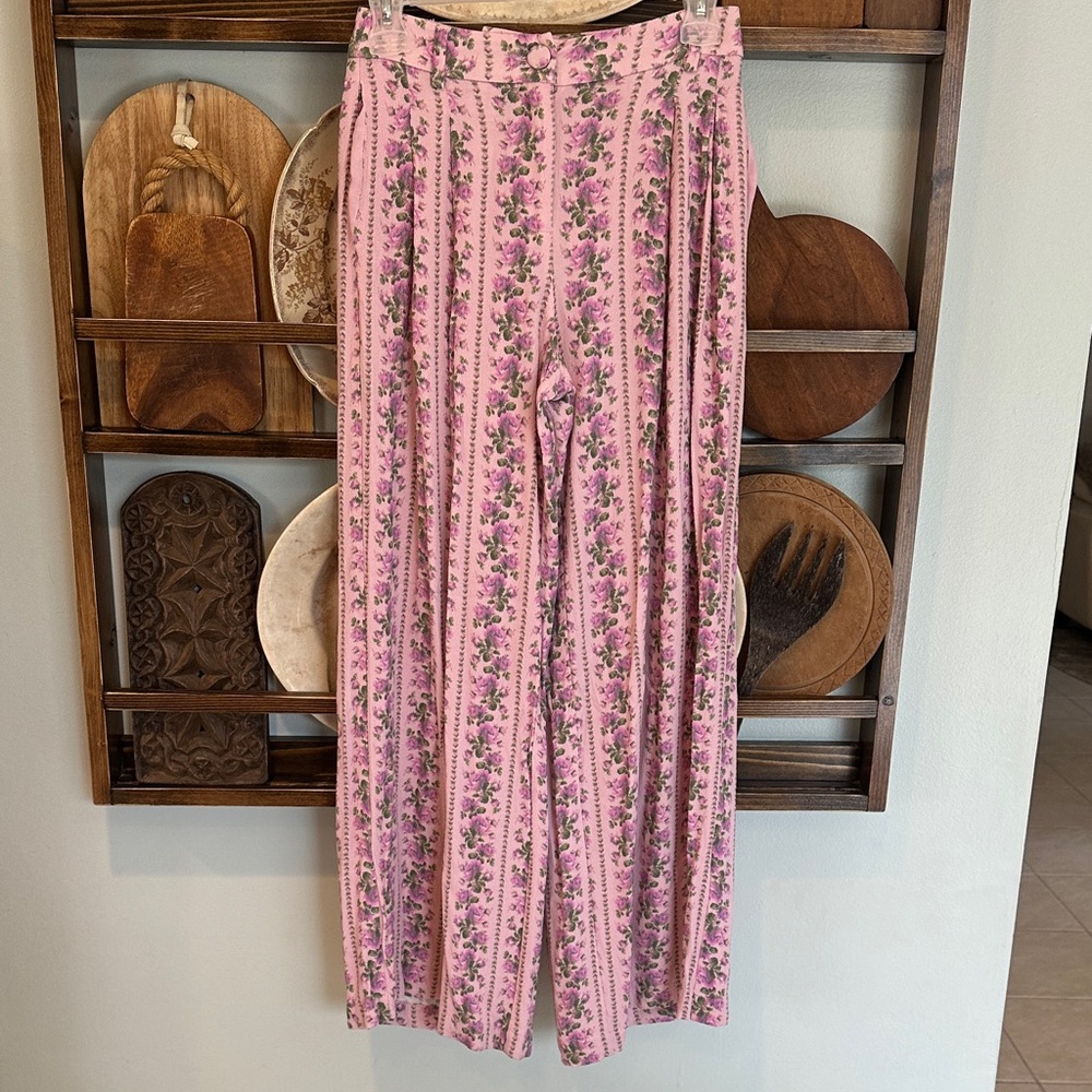 Loveshack Fancy Montel Pink and Purple Floral Wide-Leg Pants